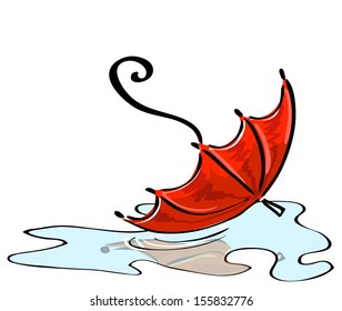 Vector illustration. Red umbrella fallen into a puddle