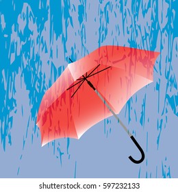 Vector illustration of a red umbrella on a gray background with an abstract image of rain