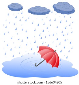 Vector illustration of red umbrella in puddle in pouring rain