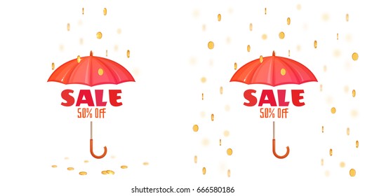 Vector illustration of red umbrella and raining coins with sale announcement isolated on white. 