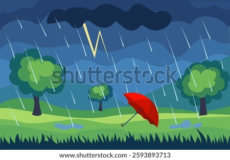 Vector illustration of a red umbrella in a stormy landscape with rain and lightning