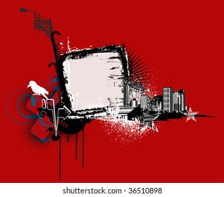 Ilustración vectorial del fondo urbano rojo con elementos de diseño sobre el marco manchado de grunge.