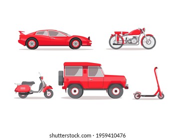 Vector illustration with red vehicles isolated on white background.