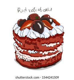 Vector illustration of a Red velvet cake, on top of the cake the decor of strawberries and chocolate.