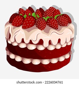 Vector illustration of a Red velvet cake with custard cream and berries isolated on white. Party, Birthday, bakery, pastry, food, Wedding concept.