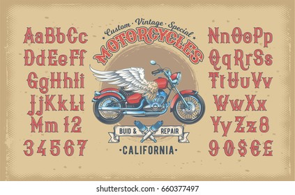 Vector illustration of a red vintage font, the Latin alphabet with retro custom motorcycle. Template, design element