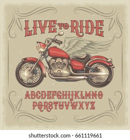 Vector Illustration Of A Red Vintage Font, The Latin Alphabet With Retro Custom Motorcycle. Template, Design Element