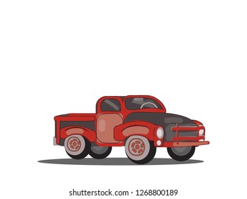 vector illustration of red vintage retro pick up truck.Hand drawn cartoon design.Concept of retro cartoon.