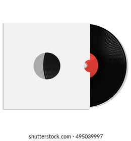 Vector Illustration Of Red Vinyl Record With White Blank Paper Cover. Record Sleeve With Vinyl Disc