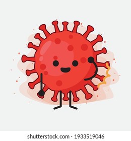 Vector Illustration of Red Virus Character with cute face, simple hands and leg line art on Isolated Background. Flat cartoon doodle style.