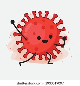 Vector Illustration of Red Virus Character with cute face, simple hands and leg line art on Isolated Background. Flat cartoon doodle style.