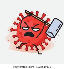 Vector Illustration of Red Virus Character with cute face, simple hands and leg line art on Isolated Background. Flat cartoon doodle style.