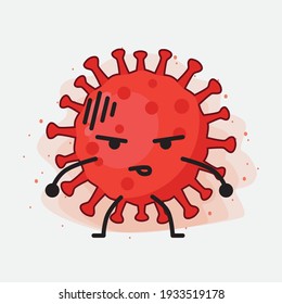 Vector Illustration of Red Virus Character with cute face, simple hands and leg line art on Isolated Background. Flat cartoon doodle style.