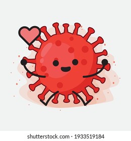 Vector Illustration of Red Virus Character with cute face, simple hands and leg line art on Isolated Background. Flat cartoon doodle style.