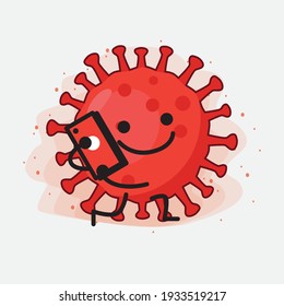 Vector Illustration of Red Virus Character with cute face, simple hands and leg line art on Isolated Background. Flat cartoon doodle style.