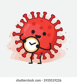 Vector Illustration of Red Virus Character with cute face, simple hands and leg line art on Isolated Background. Flat cartoon doodle style.