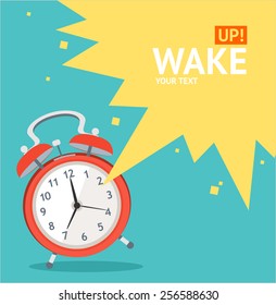Vector illustration red wakeup clock card, place for your text. Flat Design