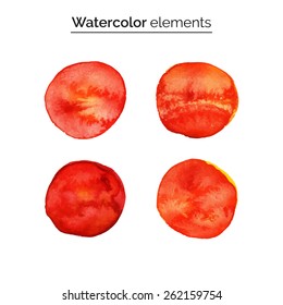 Vector illustration. Red watercolor design elements. Set isolated watercolor paint circles, templates for your design. Aquarelle. Splash, dot with watercolor texture.