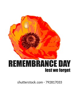 Vector illustration of a red watercolor  poppy - flower of Remembrance day symbol. Lest we forget text. Veteran's day card or poster. Template of sorrow Memorial banner