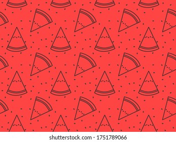 Ilustración vectorial de las tajadas de sandía roja y de las semillas en el arte lineal patrón sin fisuras. fondo vectorial del verano. textura de comida tropical.