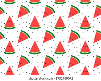 Vector illustration of red watermelon slices fruits and seeds seamless pattern. vector background of summer. tropical food texture.