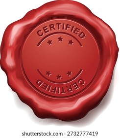Vector illustration of a red wax seal stamp with the word “CERTIFIED” embossed and three small stars. Represents quality, authenticity, official documents, accreditation, and trustworthiness.
