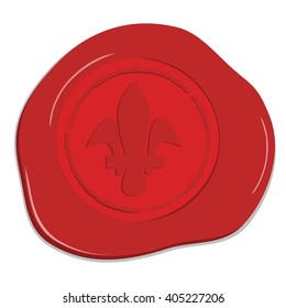 Vector illustration red wax seal with heraldic lily. Red wax post stamp isolated on white background