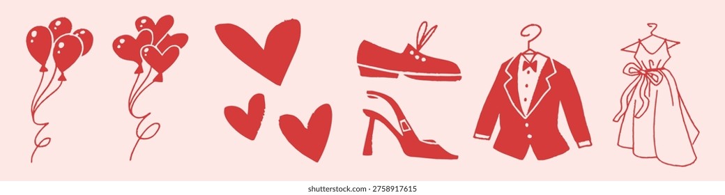 Vector illustration of red wedding-themed icons: balloons, hearts, shoes, suit, and dress on a light pink background. Perfect for romantic or wedding designs.