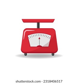 Vector illustration red weight scale on white background. Weighing scales with pan and dial for weight measurement. Kitchen appliances or measuring tool