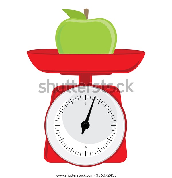 緑のリンゴの付いた赤い重みのベクターイラスト 重さを測定するために 鍋とダイヤルで秤量する 厨房器具又は計量器 のベクター画像素材 ロイヤリティフリー