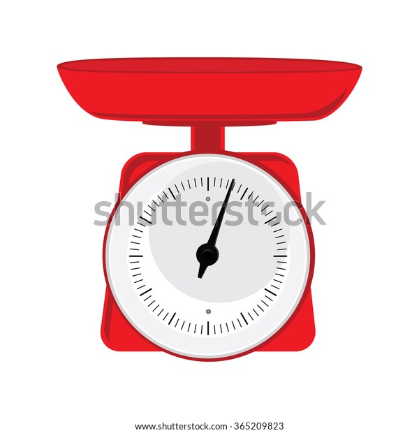 白い背景にベクターイラスト赤いウェイトスケール 重さを測定するために 鍋とダイヤルで秤量する 厨房器具又は計量器 のベクター画像素材 ロイヤリティフリー