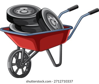 Ilustración vectorial de carretilla roja cargada con tres neumáticos negros del coche, aislados en el fondo blanco