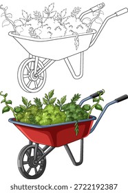 Ilustración vectorial de una carretilla roja con exuberantes plantas verdes, se muestran las versiones de color y contorno