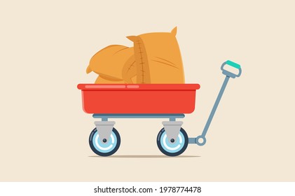 Vector illustration of red wheelbarrow wagon with hand trolley and pile of sacks isolated on a light background