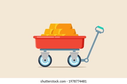 Vector illustration of red wheelbarrow wagon with hand trolley and bar of gold isolated on a light background