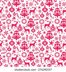 A vector illustration of a red whimsical christmas seamless pattern background.