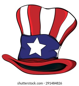 Vector Illustration Of A Red, White And Blue Patriotic Top Hat Of A American Flag Design. 