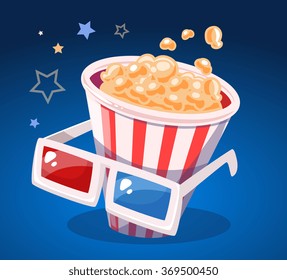 Vector illustration of red and white bucket with yellow popcorn and cinema glasses on blue background. Art design for web, site, advertising, banner, poster, flyer, brochure, board, paper print.
