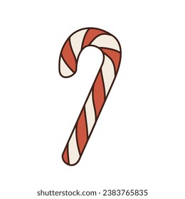 Vector illustration of red and white candy cane in retro style. Isolated Christmas element