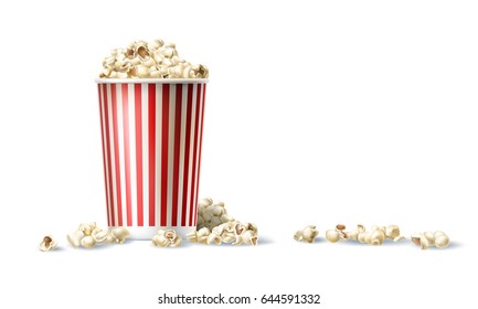 Vector illustration of a red and white cardboard bucket with popcorn in a realistic style isolated on white