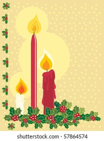 vector illustration of red and white christmas candles with flames and holly on a gold background with snowflakes
