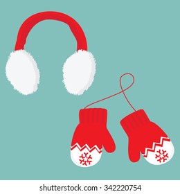 Vector Illustration Red And White Ear Muffs And Pair Of Knitted Winter Mittens On Blue Background. Christmas Greeting Card With Mittens