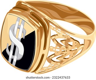 Vector illustration of red and white gold signet ring with onyx with $ sign. Male gold ring decorated with onyx in vector. Illustration of jewelry and bijouterie.