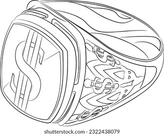 Vector illustration of red and white gold signet ring with onyx with $ sign. Male gold ring decorated with onyx in vector. Illustration of jewelry and bijouterie.