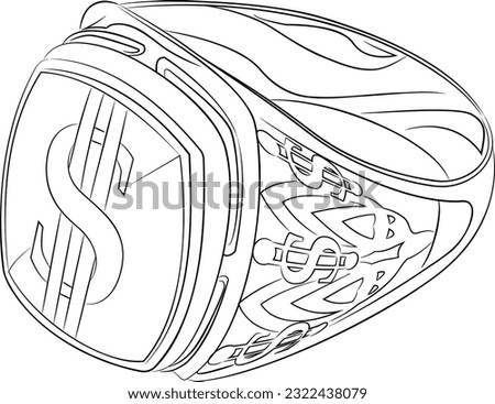 Vector illustration of red and white gold signet ring with onyx with $ sign. Male gold ring decorated with onyx in vector. Illustration of jewelry and bijouterie.
