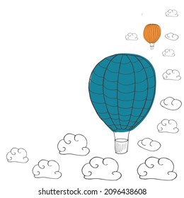 Vector illustration, red and white hot air balloon flying among clouds. Vector template in cartoon syle for cards, posters and other designa. Esp 10