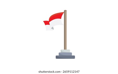 Vector illustration of red and white Indonesian flag on a pole. 