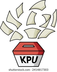 vector illustration of a red and white KPU ballot box icon with flying ballots for the general election of the President of the Republic of Indonesia in the 2024 election