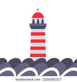 Vector illustration with red and white lighthouse in the ocean, waves