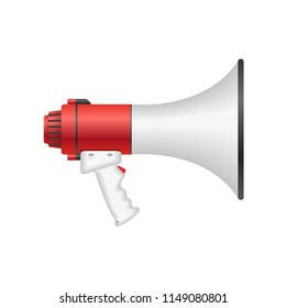 Vector illustration. Red and white megaphone isolated on white background.